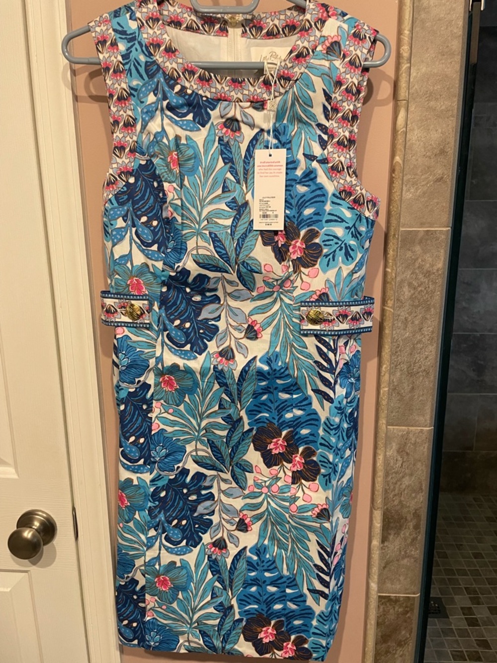Lilly Pulitzer Teal, Blue & Pink Tropical Leaf Shift Dress